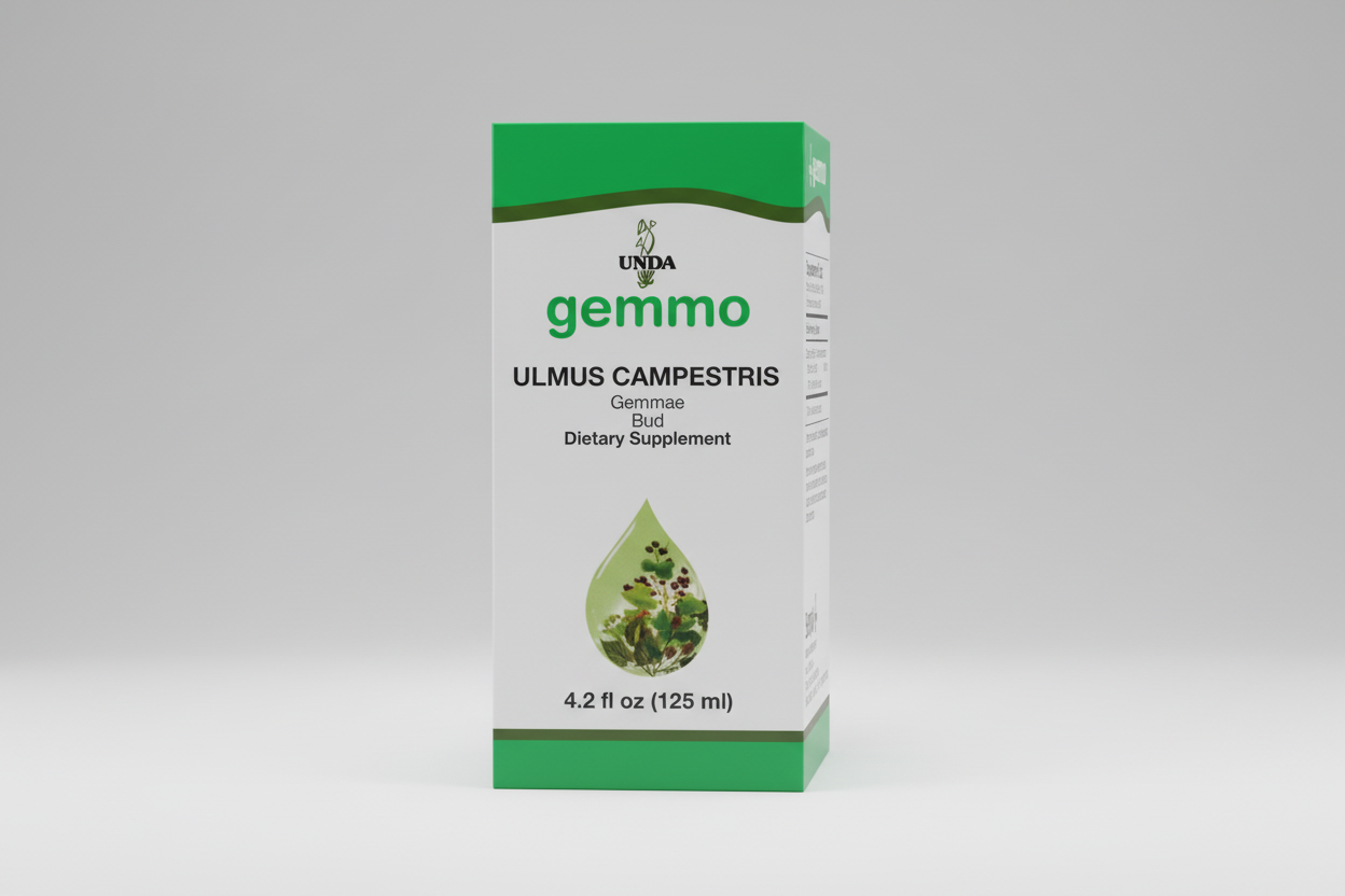 Dietary supplement packaging for Ulmus Campestris with UNDA branding.