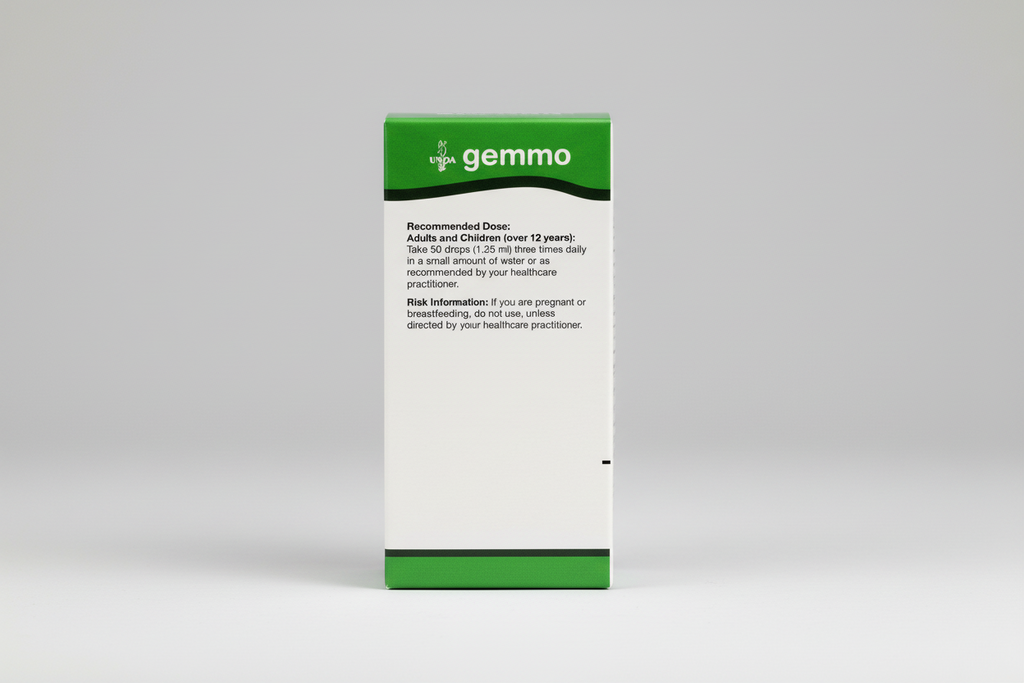 Gemma UNDA product label with recommended dose and risk information on a white background