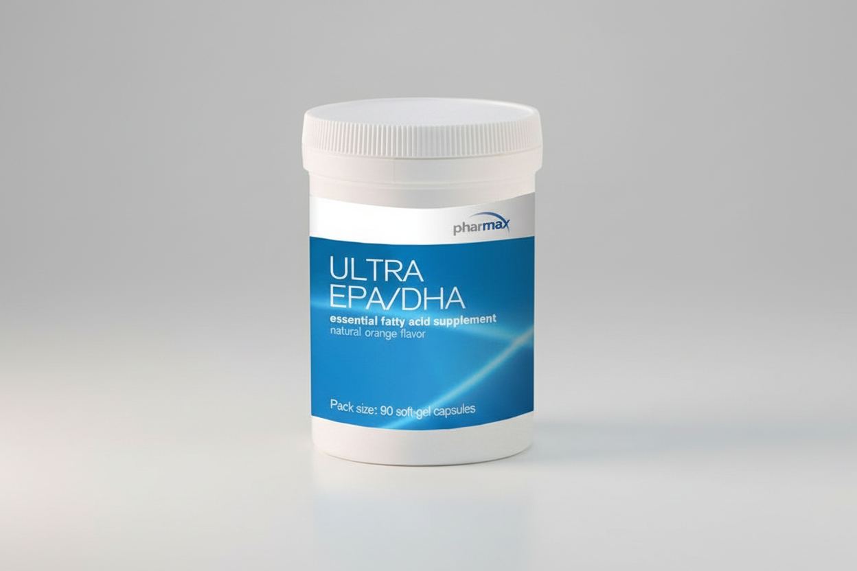 Supplement container labeled 'Ultra EPA/DHA' by Pharmax on a white background