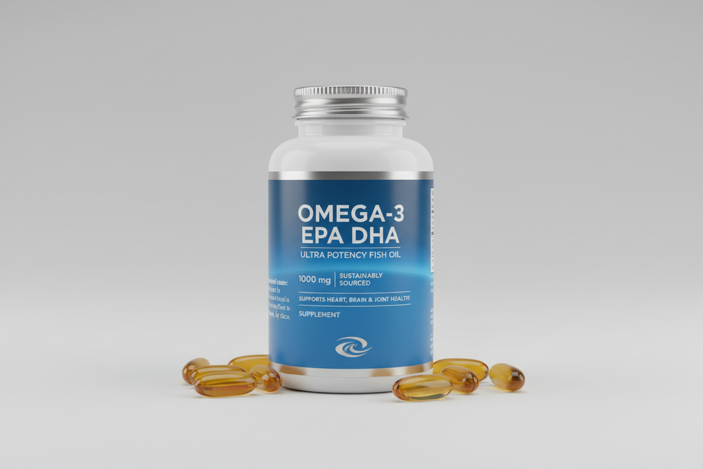 Drug label with recommended intake instructions on a blue background