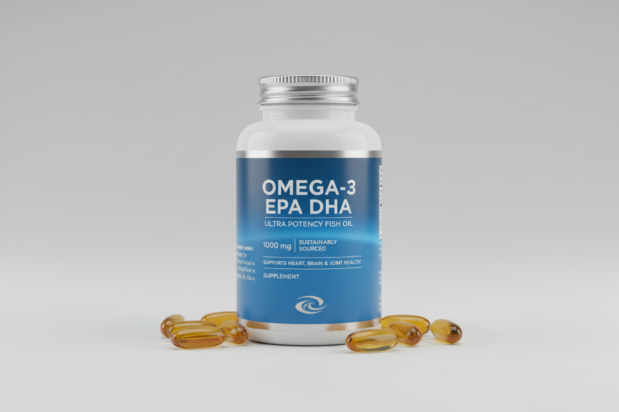 Drug label with recommended intake instructions on a blue background