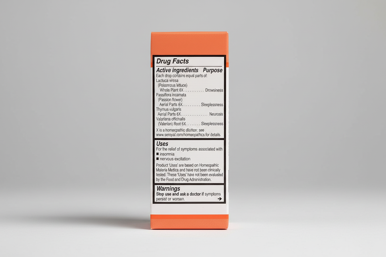 Drug facts label with homeopathic ingredients and uses on a red background