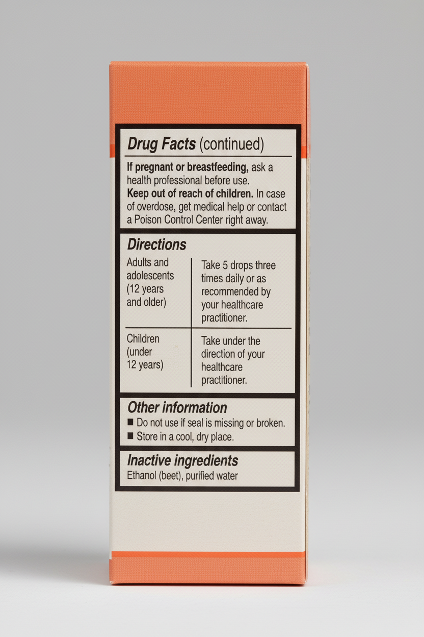 Drug facts label on a supplement container with directions and inactive ingredients listed.