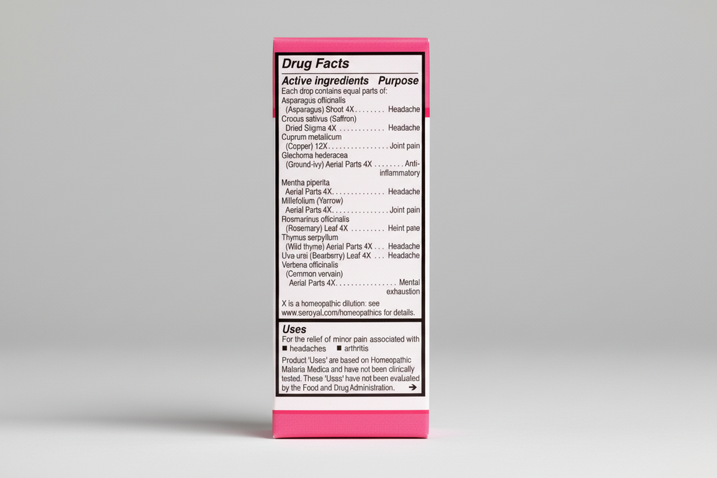 Drug facts label with homeopathic ingredients and uses on a white background