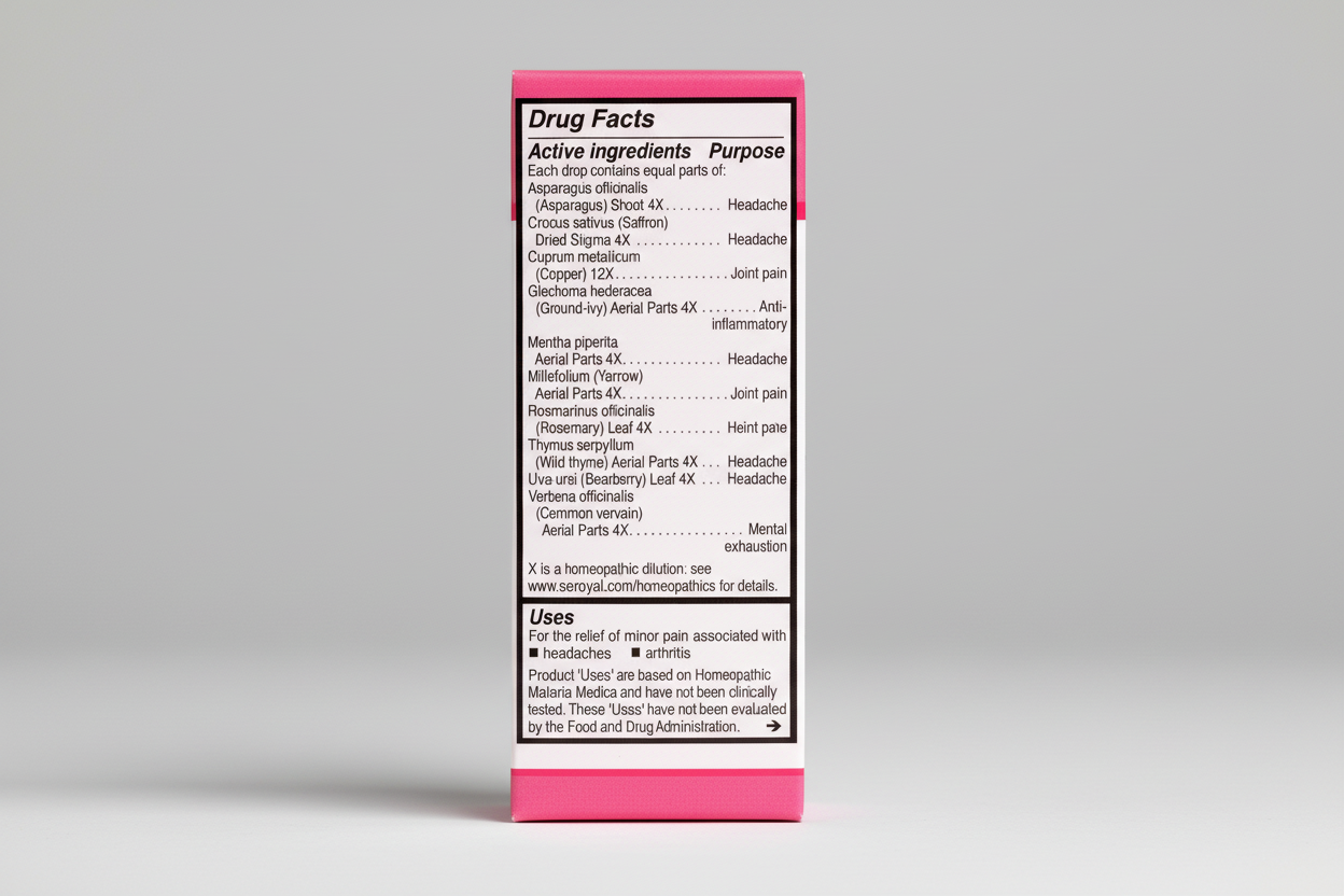 Drug facts label with homeopathic ingredients and uses on a white background
