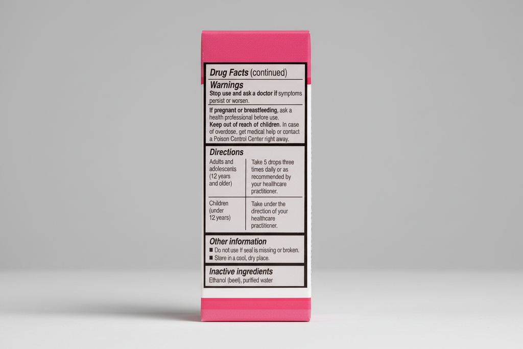 Drug facts label with warnings, directions, and inactive ingredients on a pink background