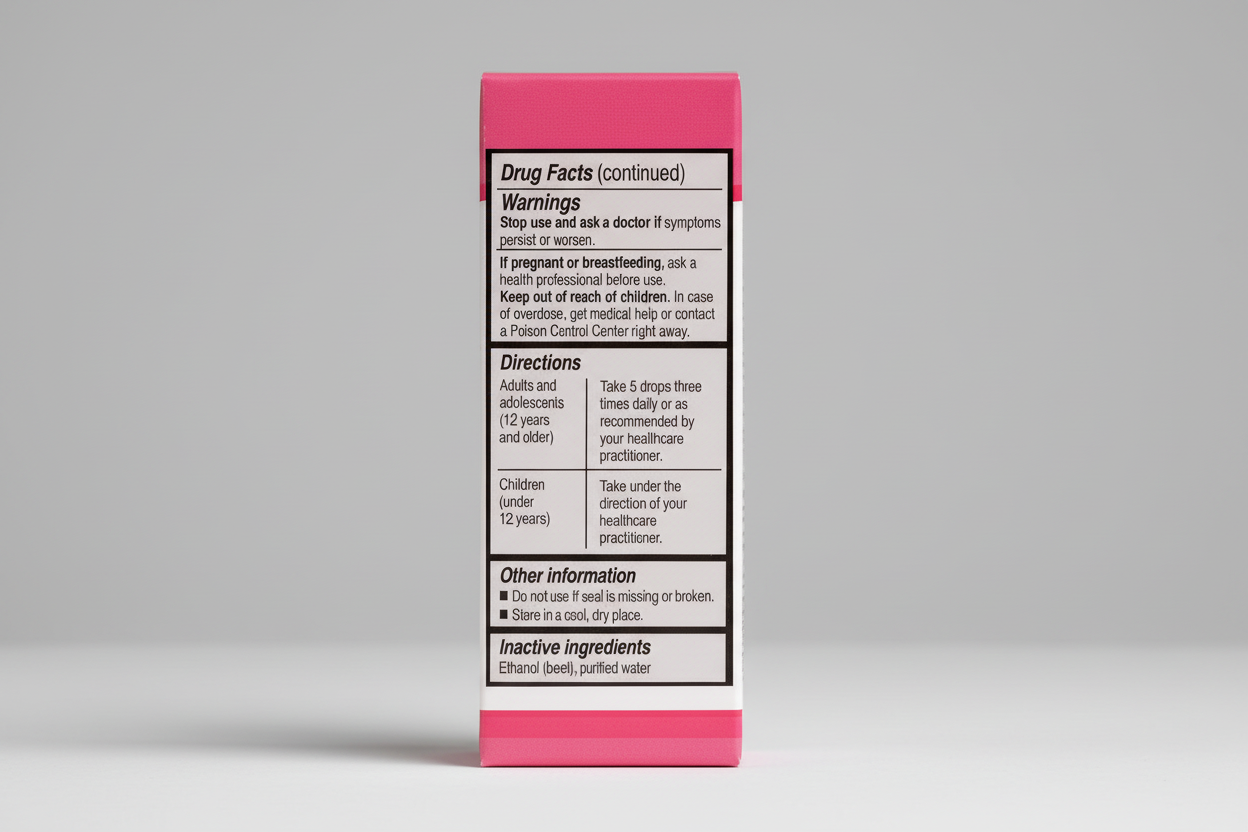 Drug facts label with warnings, directions, and inactive ingredients on a pink background