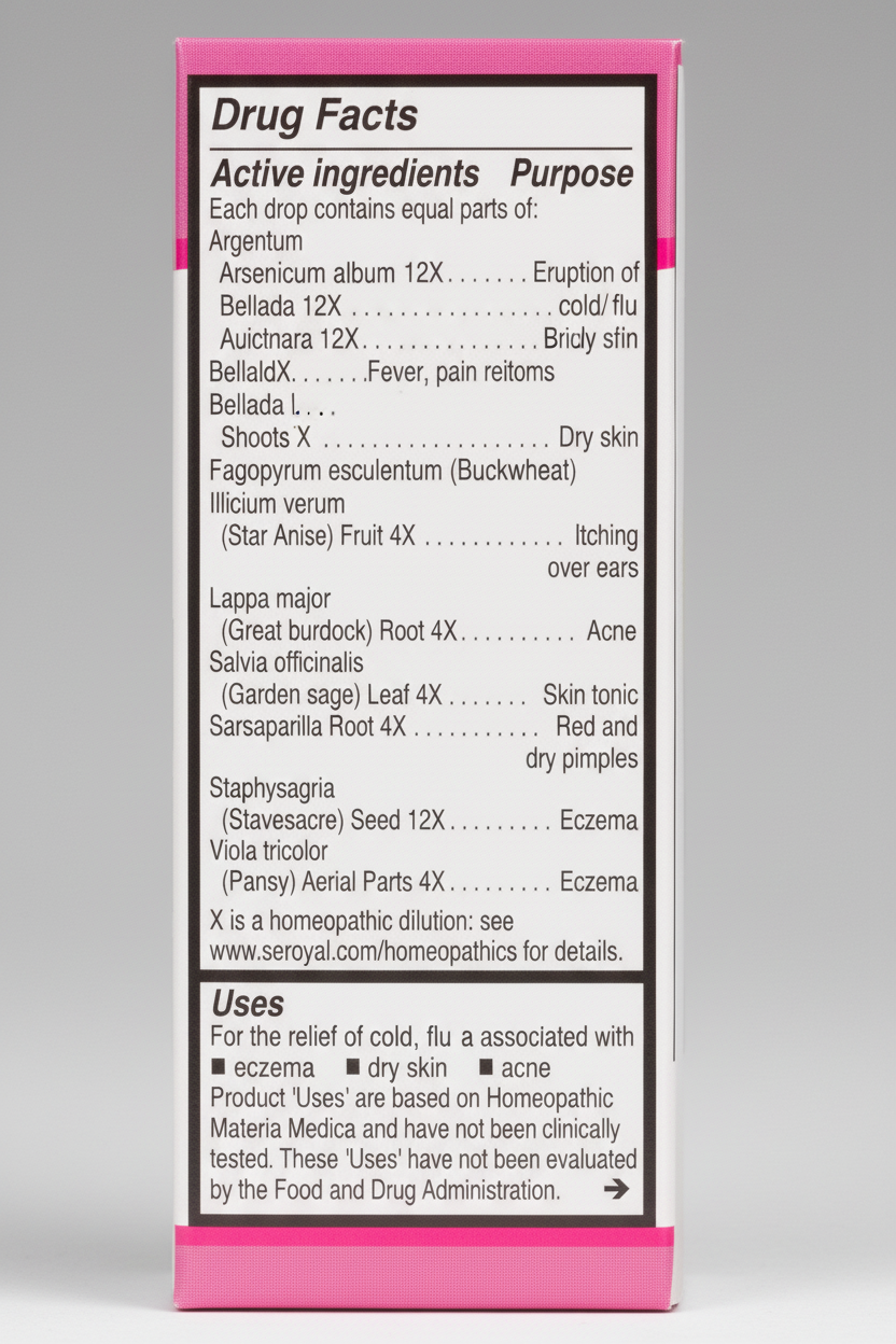 Drug facts label with homeopathic ingredients and uses on a pink background