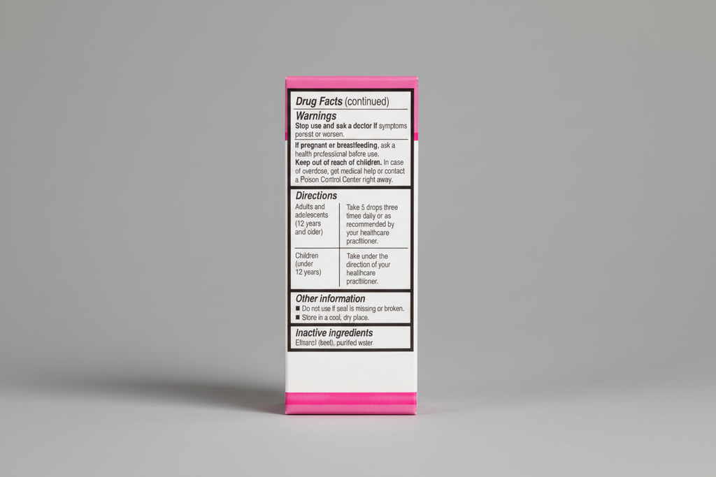 Drug facts label with pink border and black text on a white background