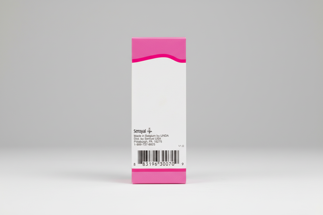 Product packaging with pink top and bottom and white center, featuring Seroyal branding and contact information.