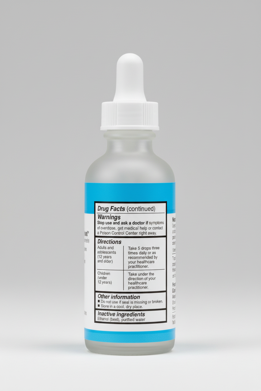 Drug facts label with warnings, directions, and inactive ingredients on a blue background
