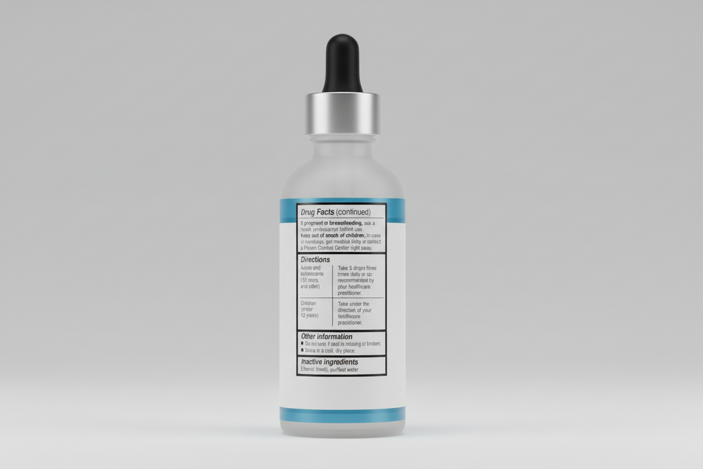 Drug facts label with directions and inactive ingredients on a blue background