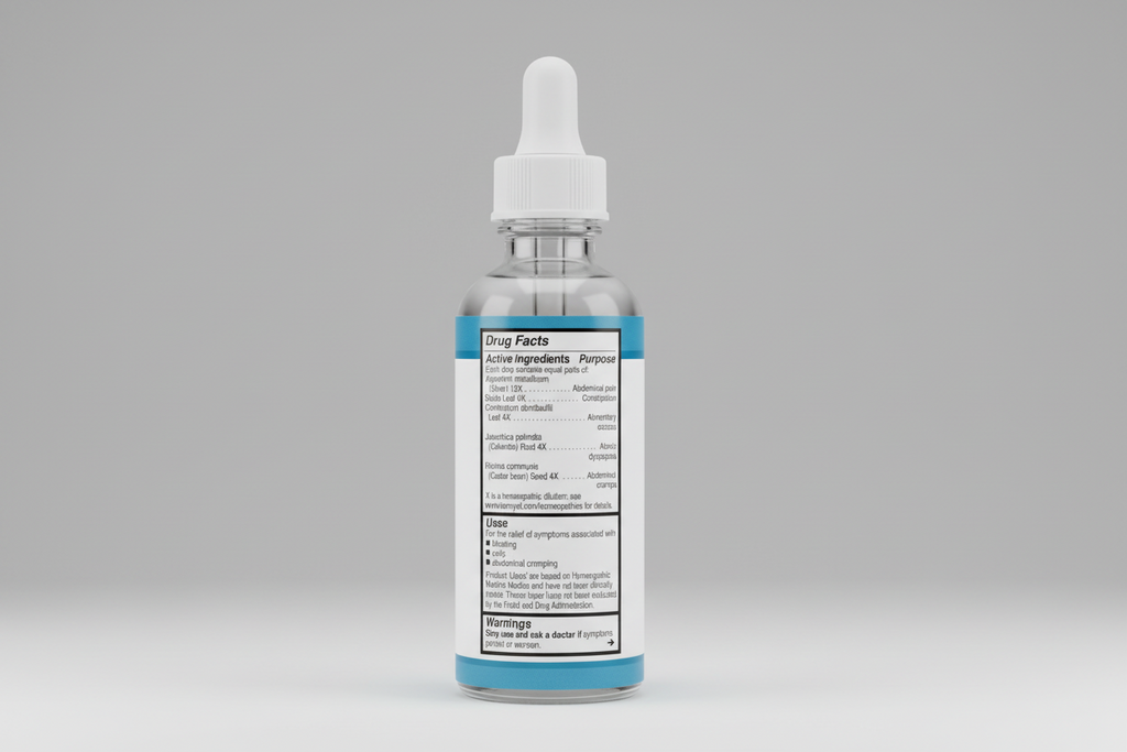 Drug facts label with homeopathic ingredients and uses on a blue background