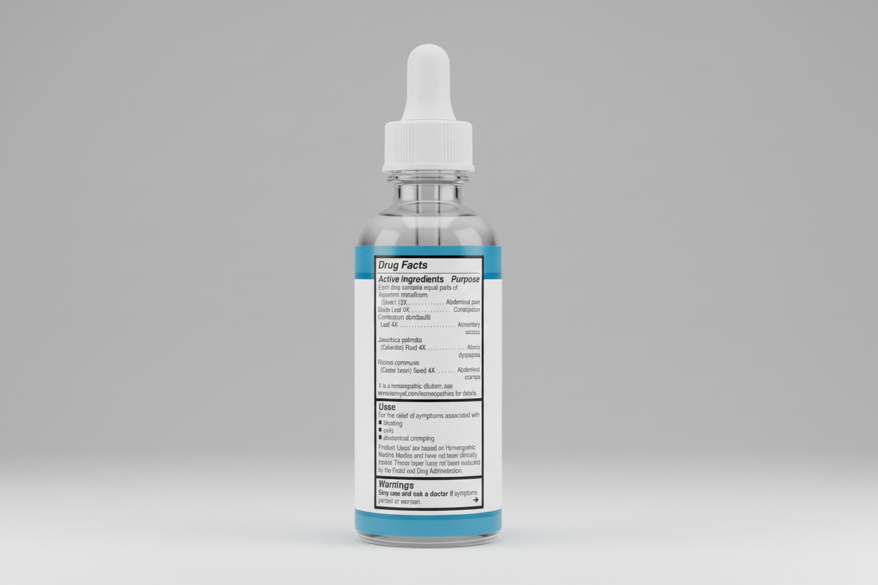 Drug facts label with homeopathic ingredients and uses on a blue background