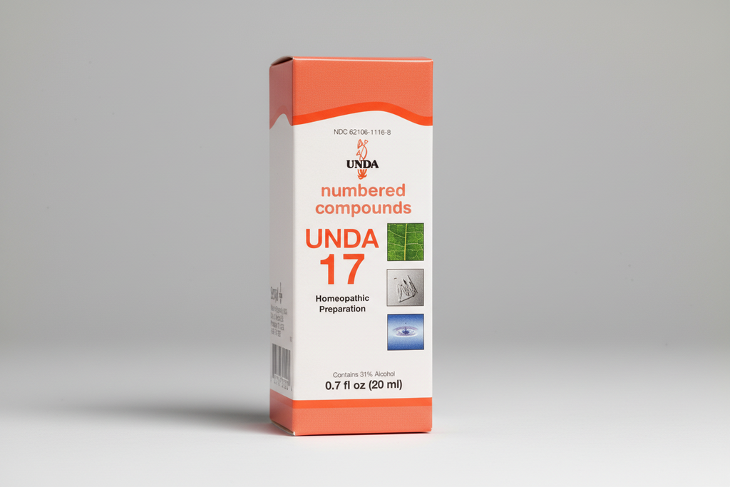Box of UNDA 17 homeopathic preparation with branding and product details.