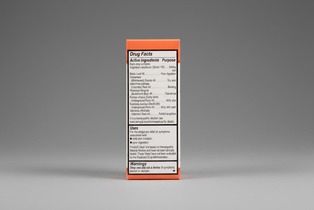Drug facts label with active ingredients and uses on an orange background