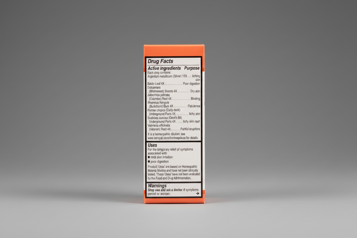 Drug facts label with active ingredients and uses on an orange background