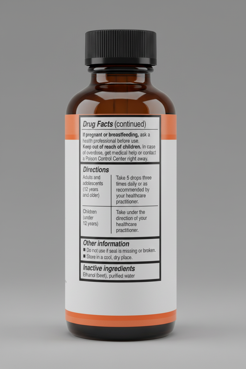 Drug facts label with directions and inactive ingredients on an orange background