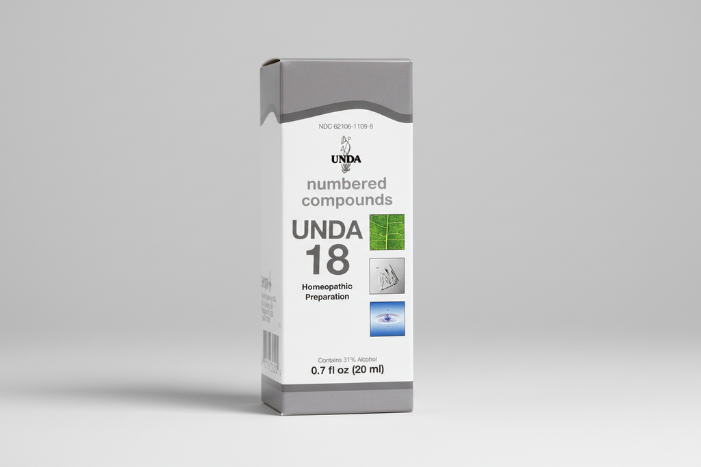 Box of UNDA 18 homeopathic preparation with branding and product details.