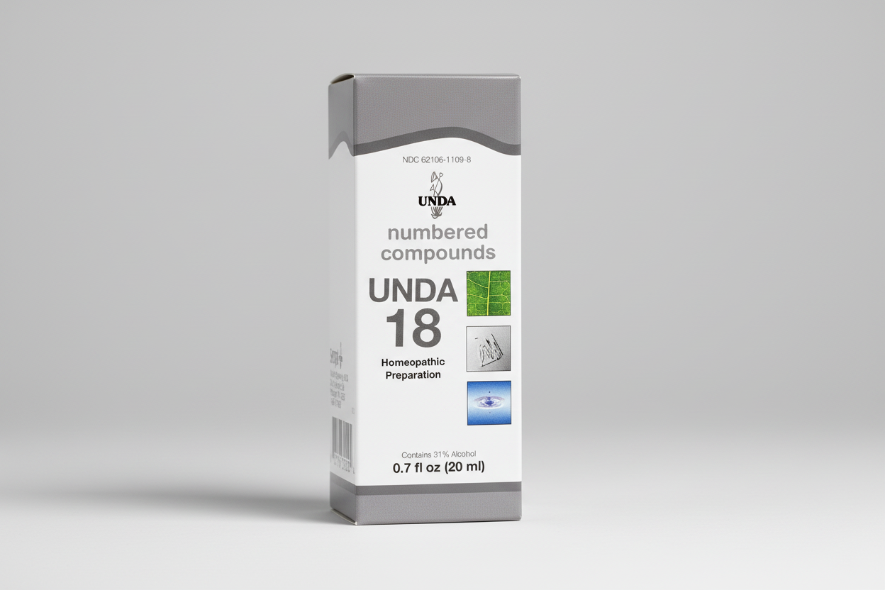 Box of UNDA 18 homeopathic preparation with branding and product details.