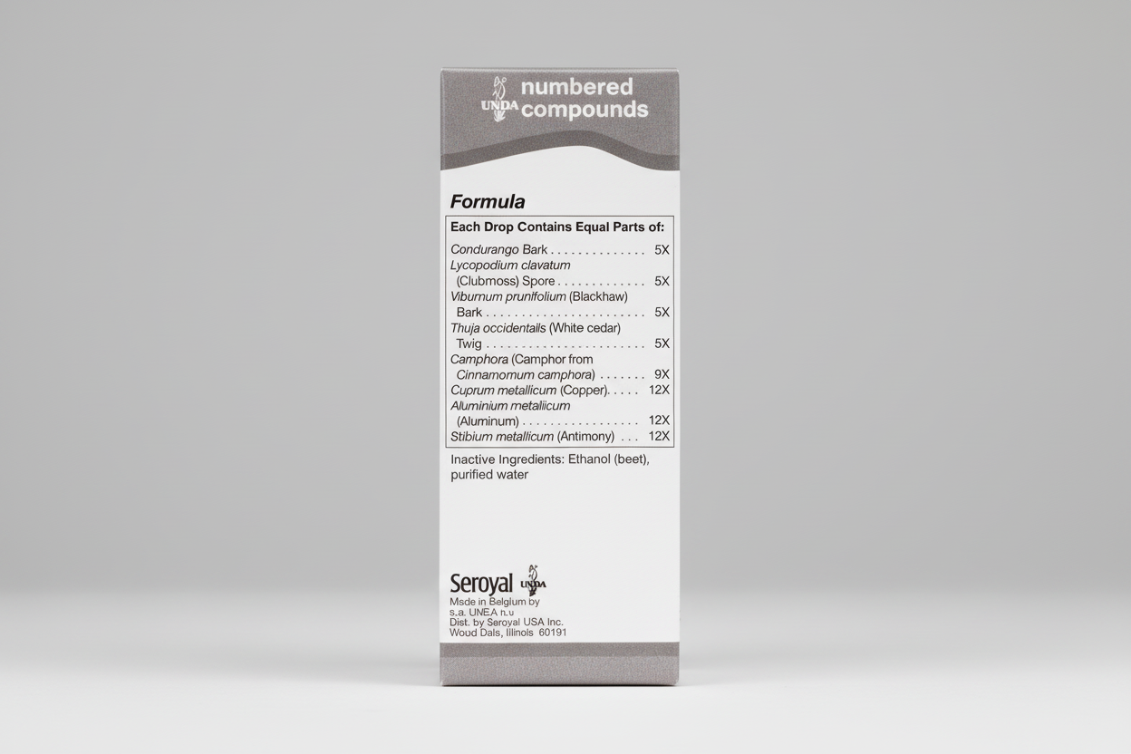 Label for Seroyal numbered compounds with ingredient list and branding.