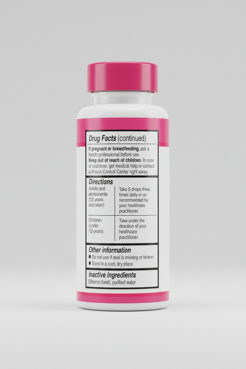 Drug facts label with directions and inactive ingredients on a pink background