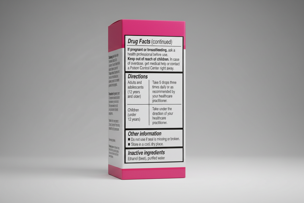 Drug facts label with directions and inactive ingredients on a pink background