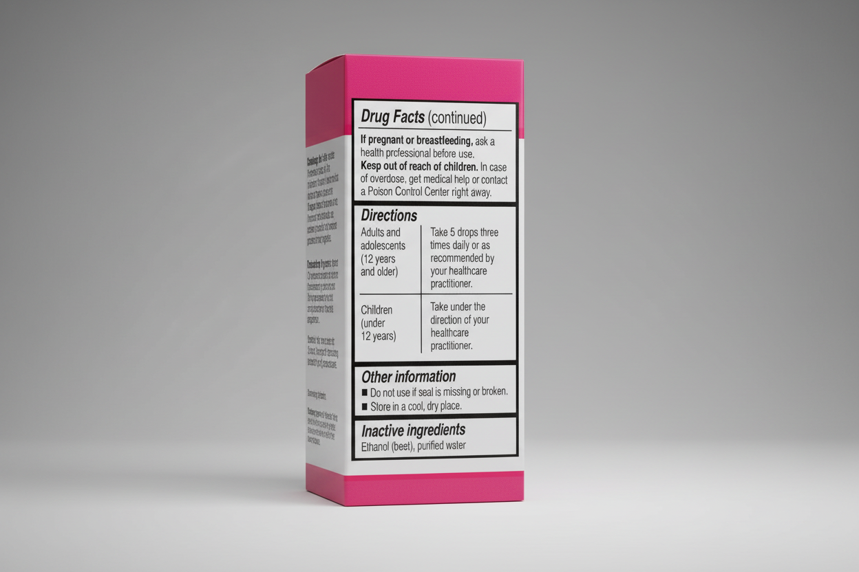 Drug facts label with directions and inactive ingredients on a pink background