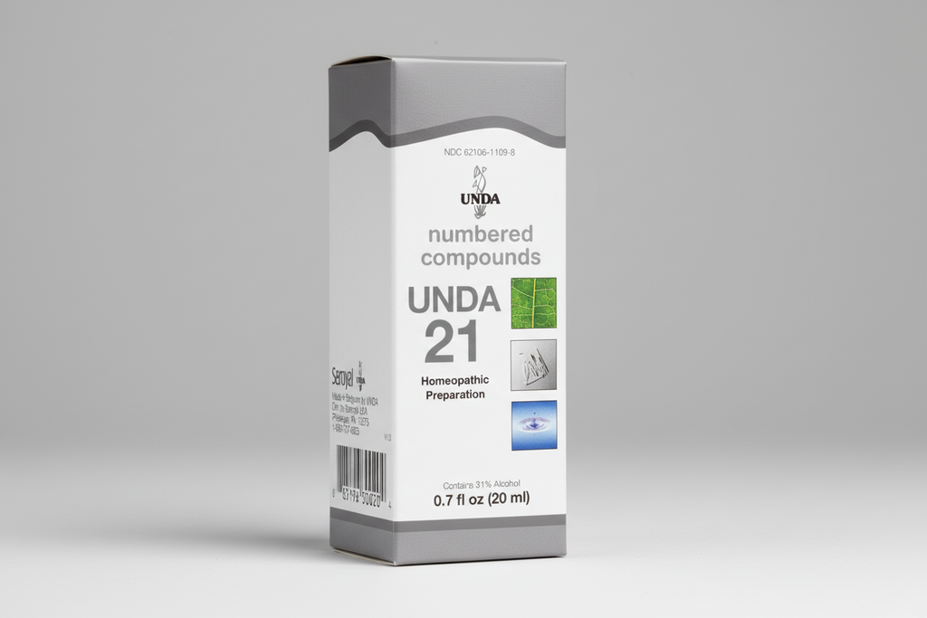 Box of UNDA 21 homeopathic preparation with branding and product details.