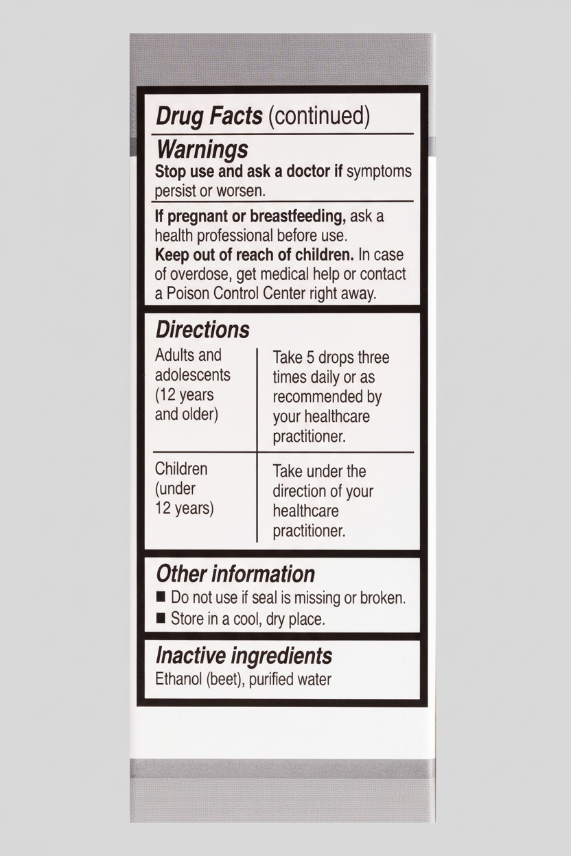 Drug facts label with warnings, directions, and inactive ingredients on a white background