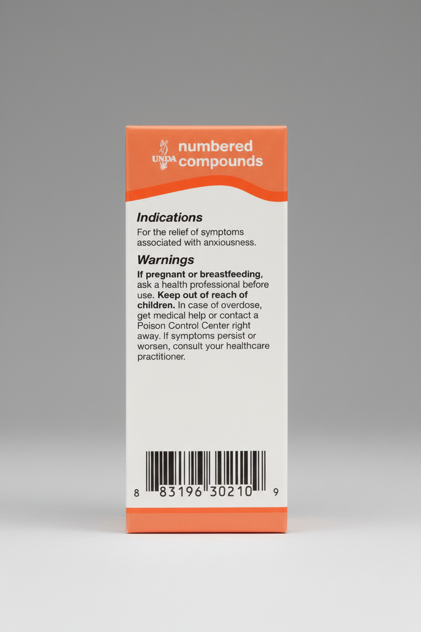 Medication label for 'numbered compounds' with indications and warnings.