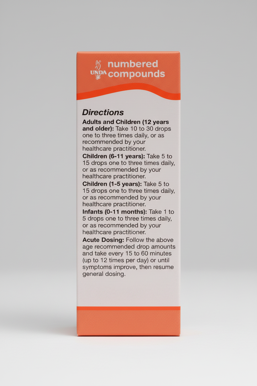 Label for numbered compounds with directions for use on a red and white background