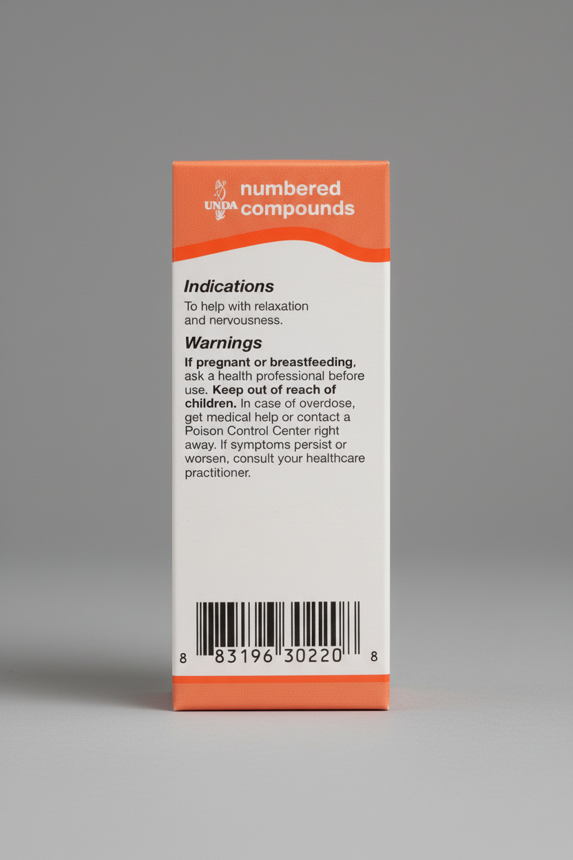 Back label of a medication container with text and a barcode.