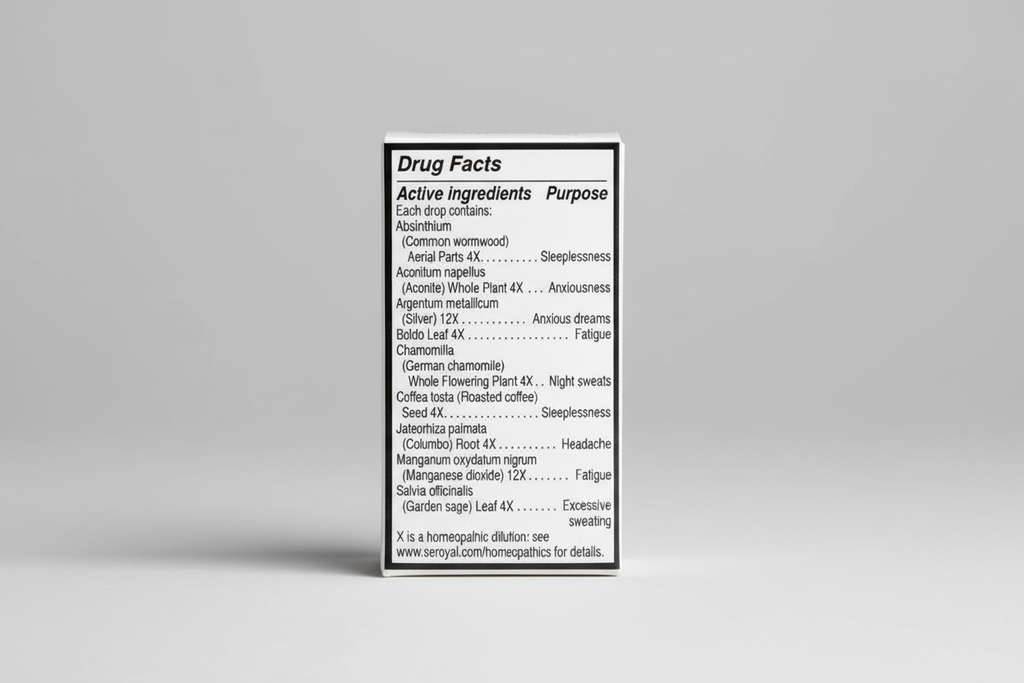 Drug facts label with homeopathic ingredients and their uses
