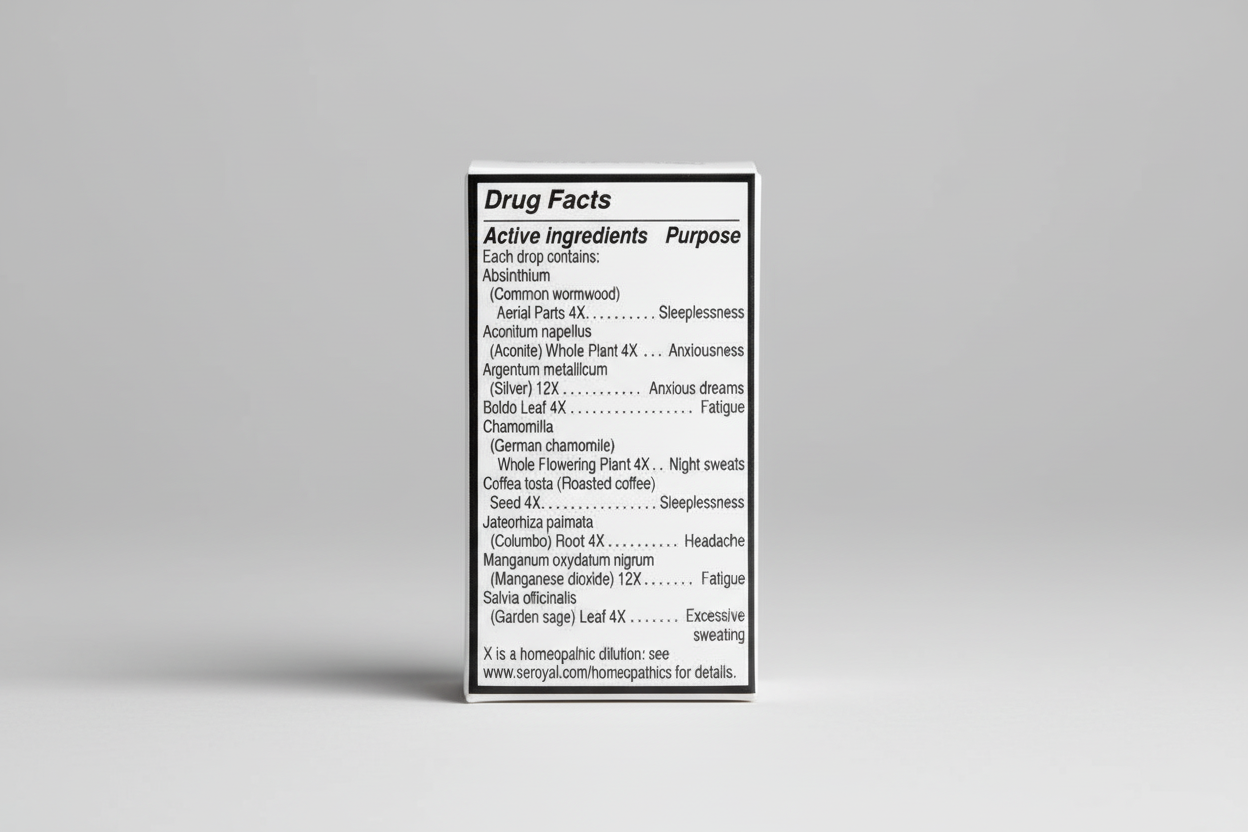 Drug facts label with homeopathic ingredients and their uses