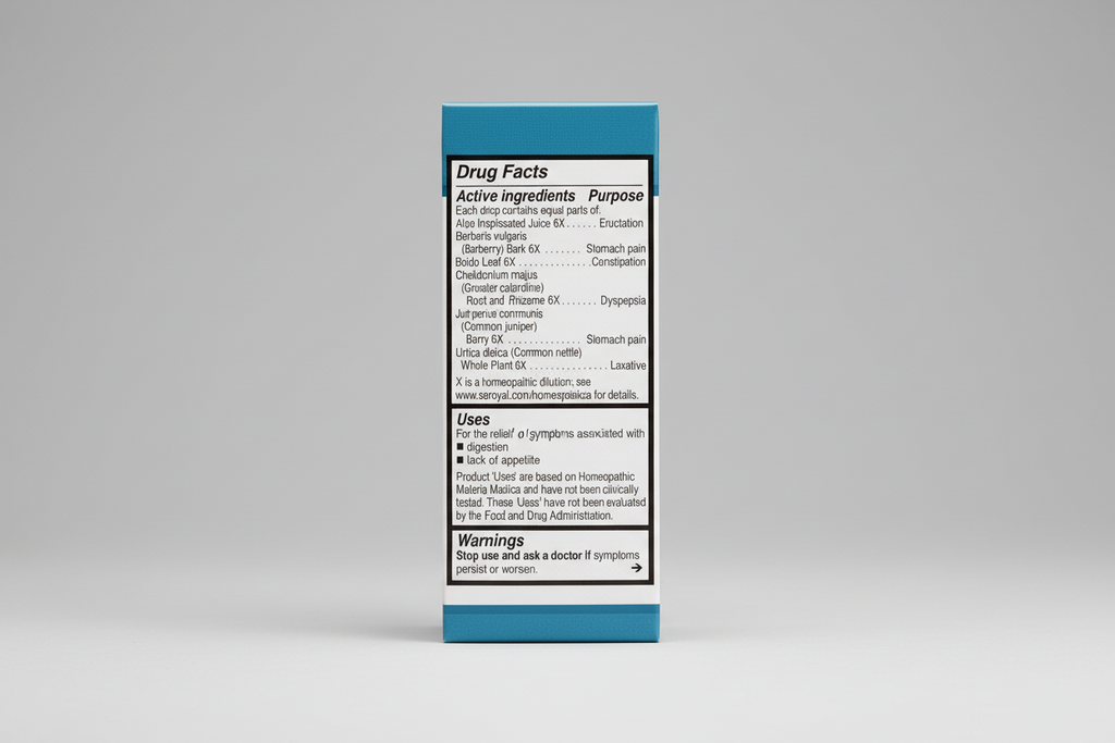 Drug facts label with homeopathic ingredients and uses on a blue background