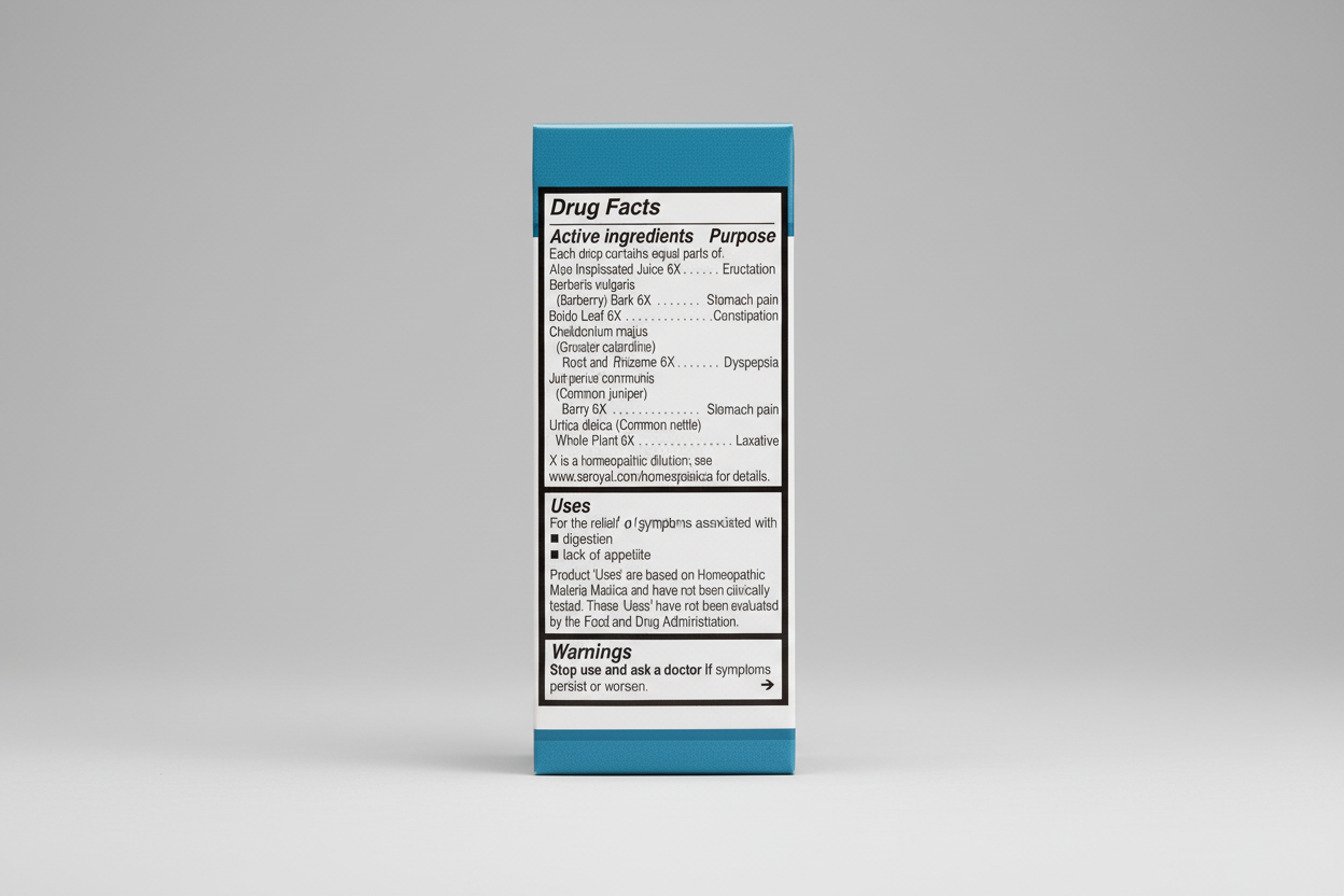 Drug facts label with homeopathic ingredients and uses on a blue background
