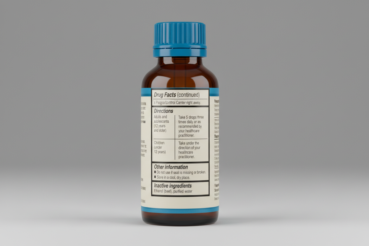 Drug facts label with directions and inactive ingredients on a blue background