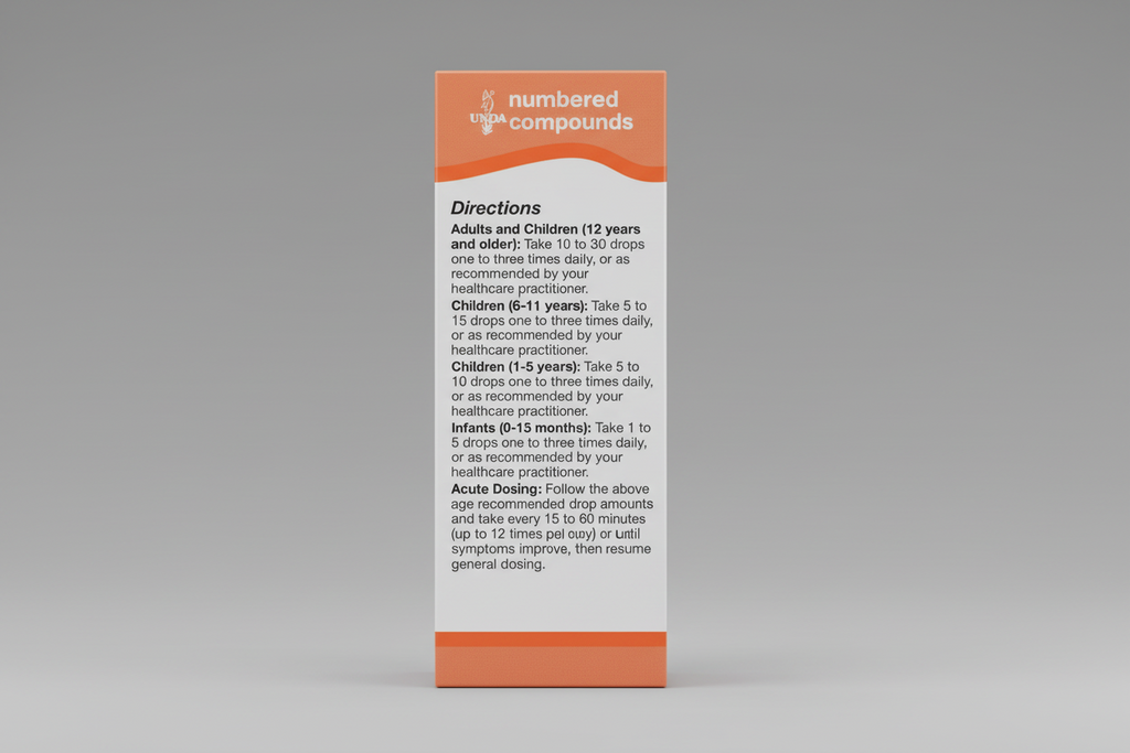 Supplement bottle label with UNDA branding and dosing instructions.