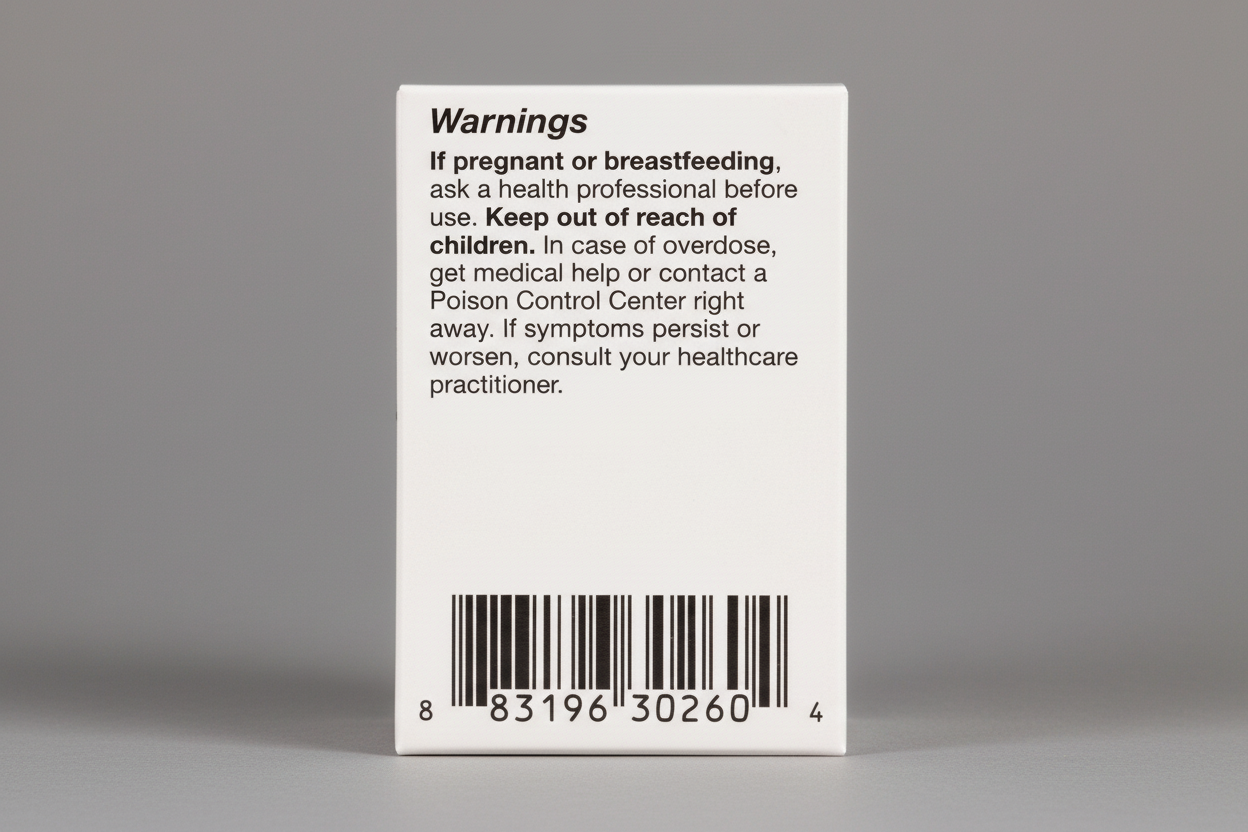 Warning label with text and a barcode on a white background