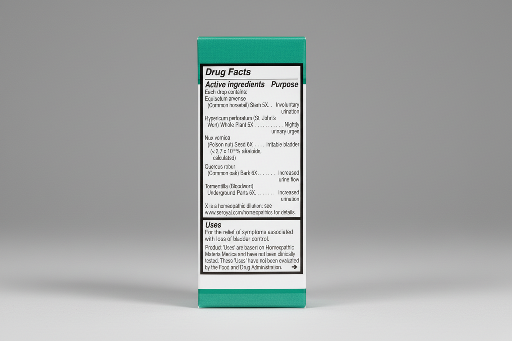 Drug facts label for a homeopathic product with active ingredients and uses.
