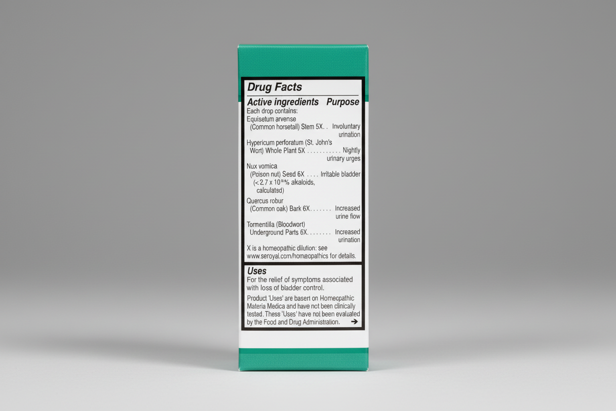 Drug facts label for a homeopathic product with active ingredients and uses.