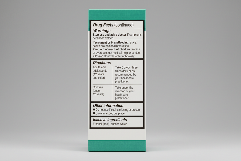 Drug facts label with warnings, directions, and inactive ingredients on a green background