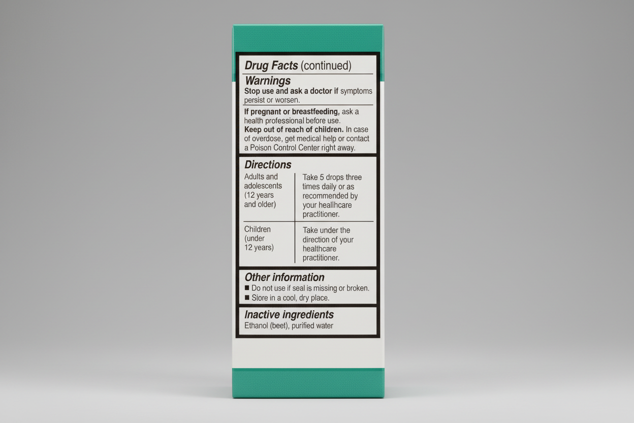 Drug facts label with warnings, directions, and inactive ingredients on a green background