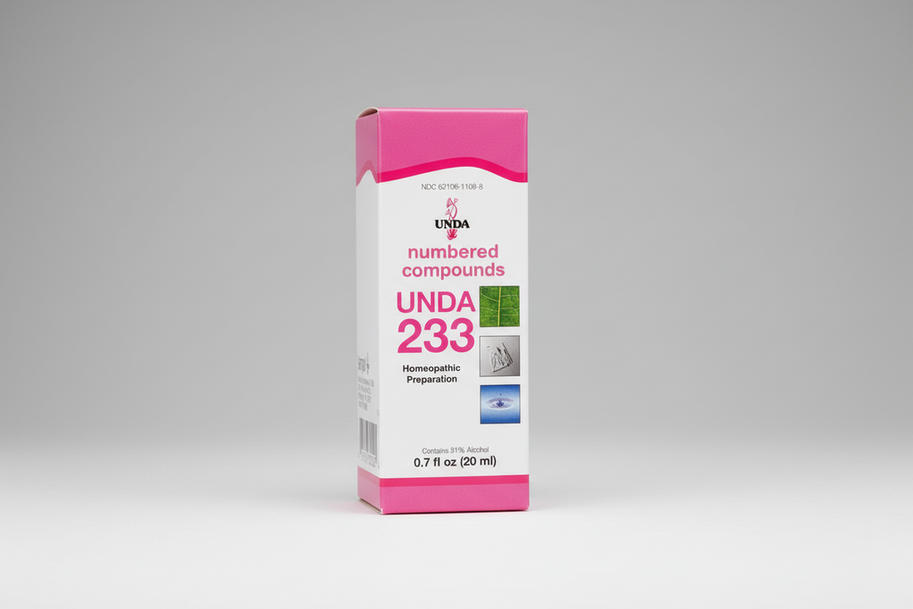 Box of UNDA 233 homeopathic preparation with pink and white design
