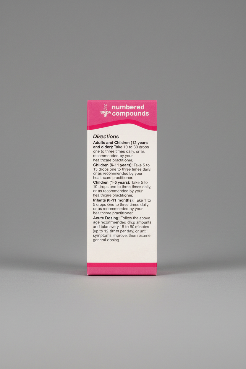 UNDPA labeled directions for taking numbered compounds on a pink background