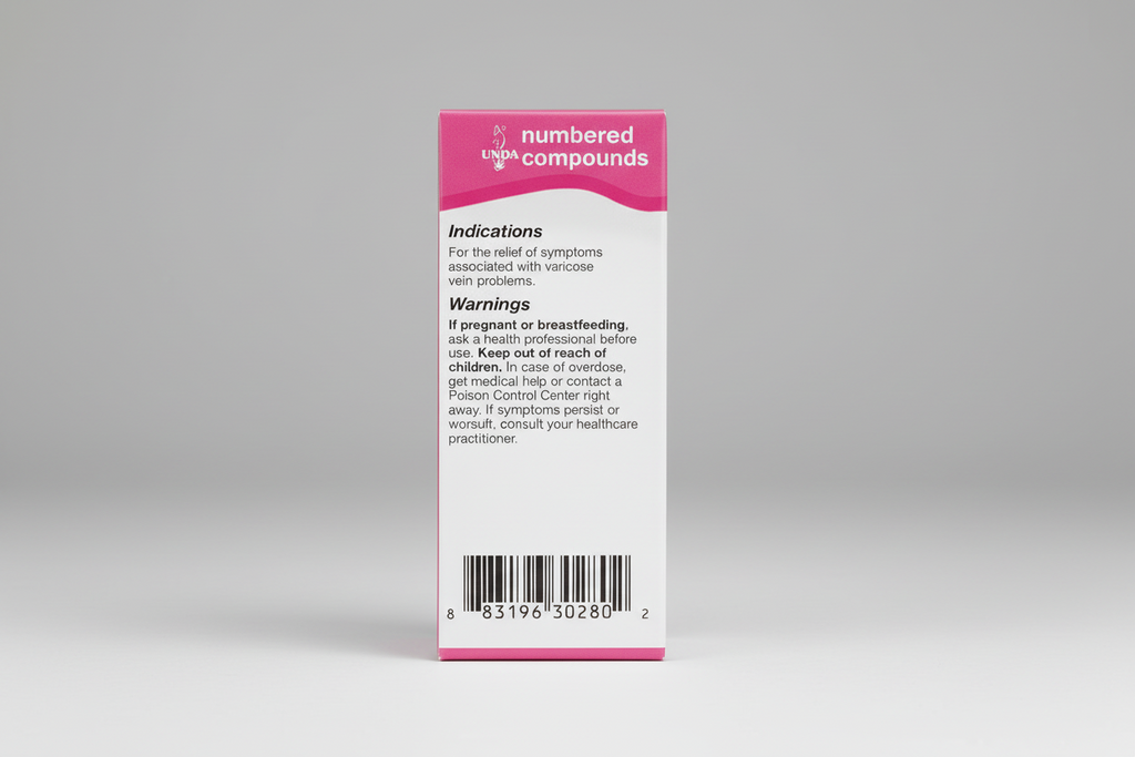 Medication label for UNPA numbered compounds with indications, warnings, and a barcode.