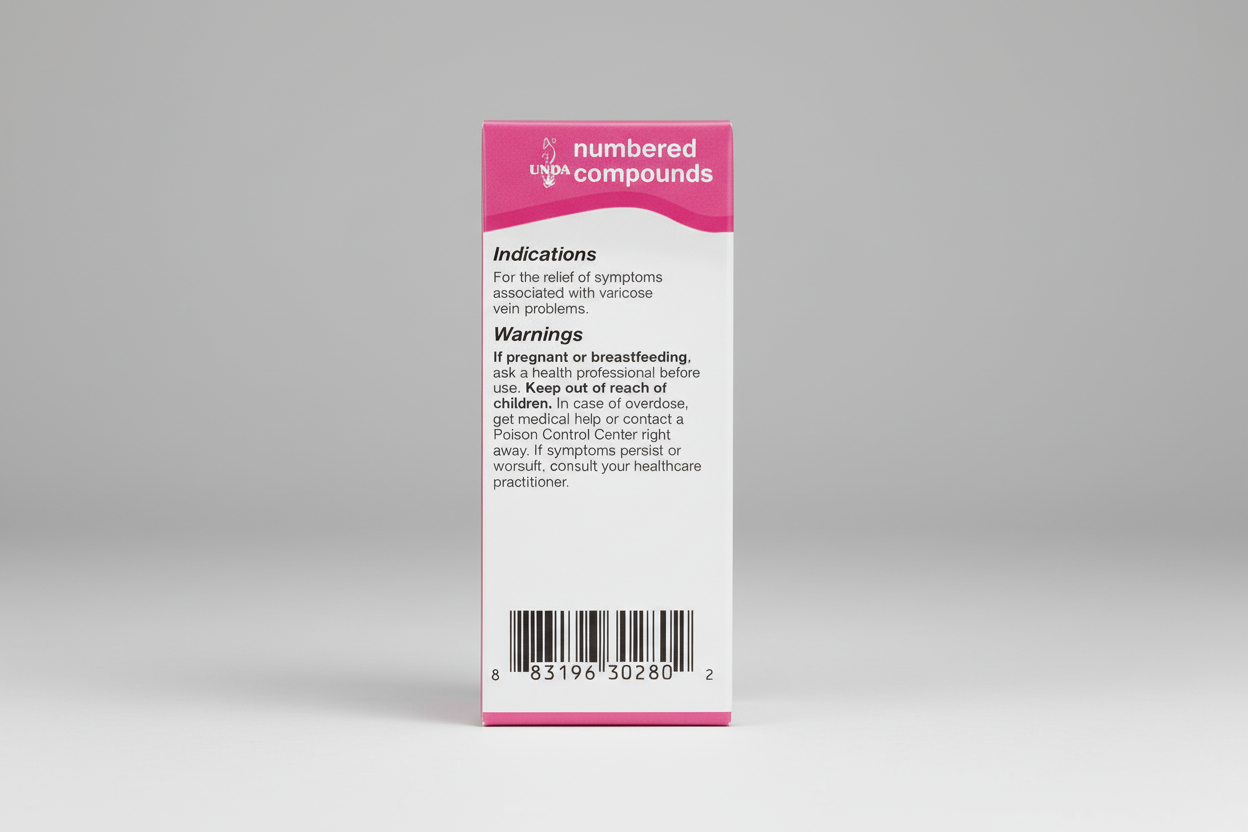 Medication label for UNPA numbered compounds with indications, warnings, and a barcode.