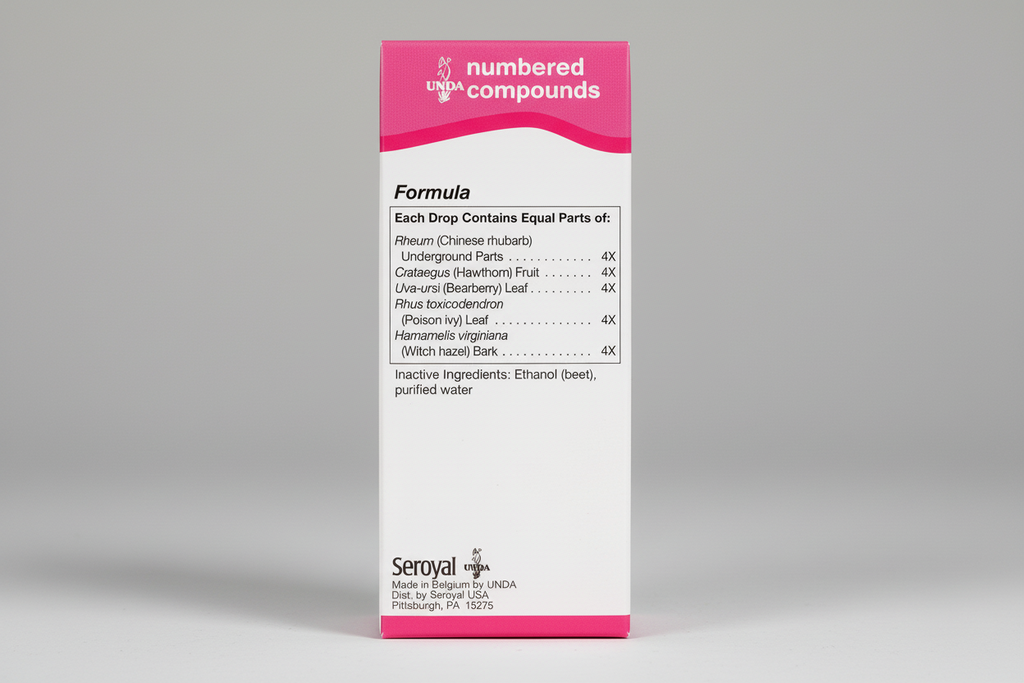 Label for UNDA numbered compounds with pink and white design