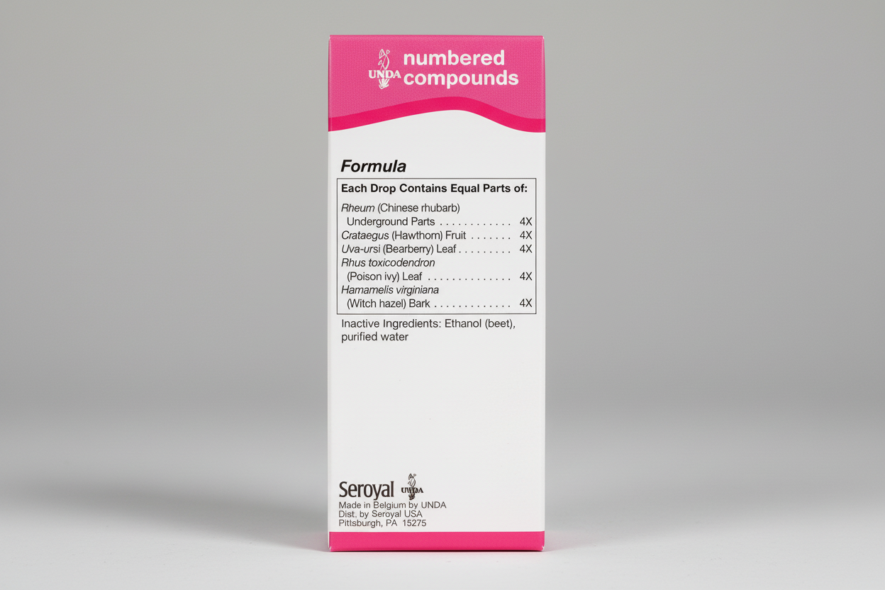 Label for UNDA numbered compounds with pink and white design